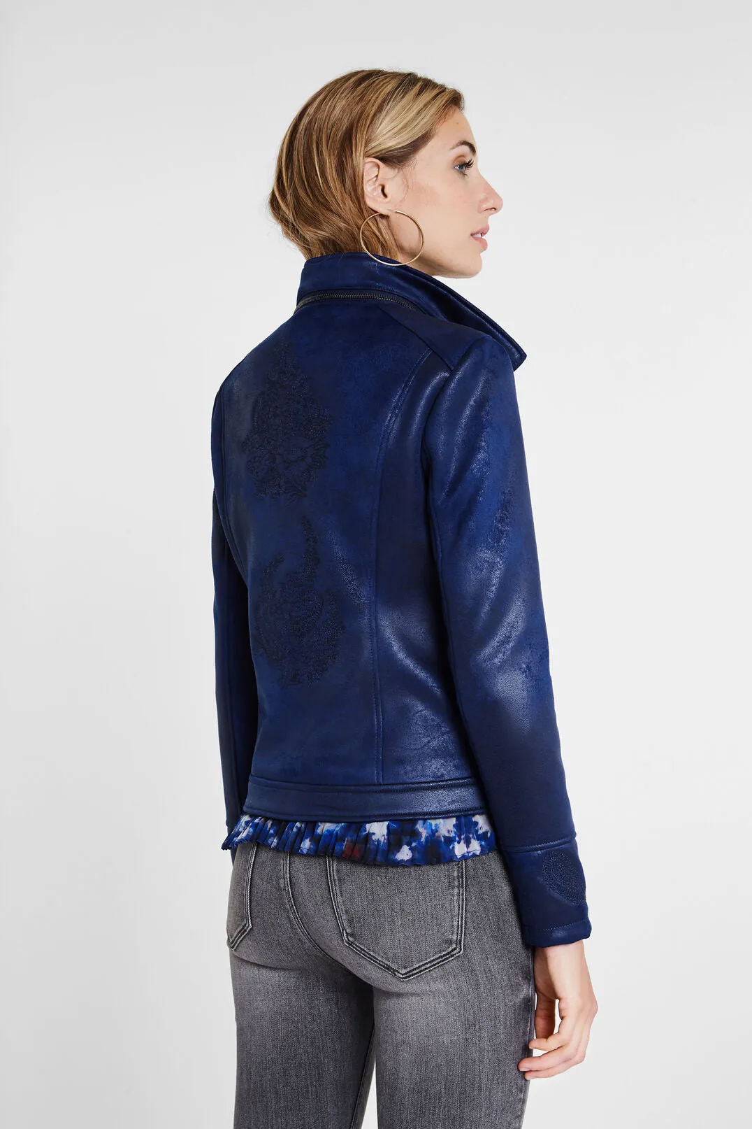 Slim Biker Jacket w/ Embroidery - Jean