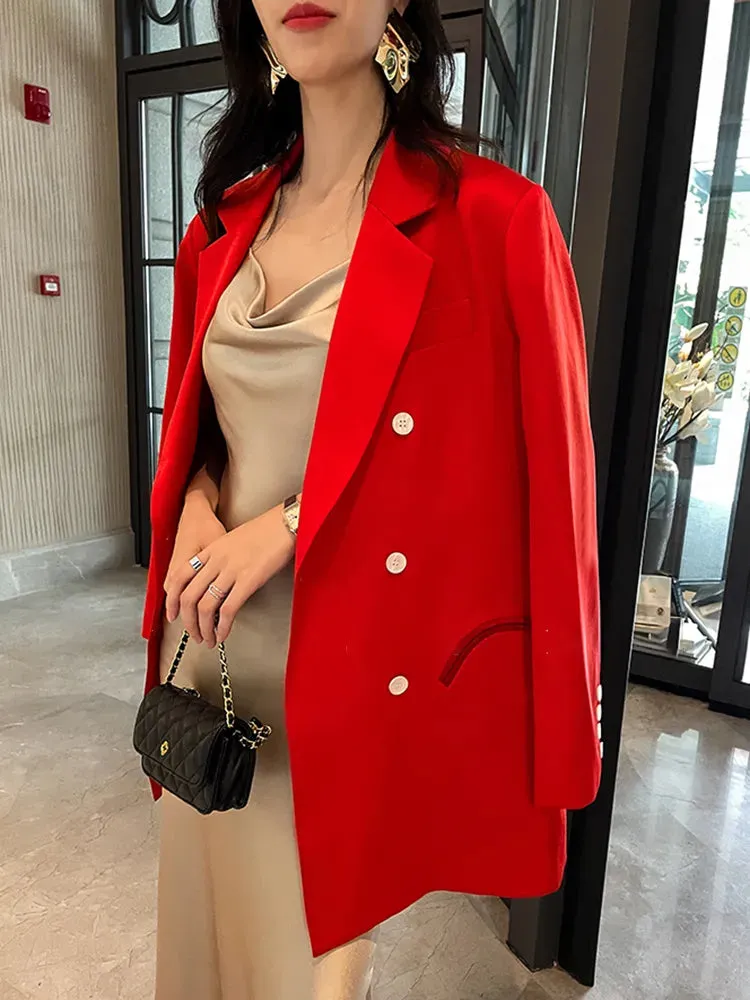 Solid Minimalist Blazers For Women Notched Collar Long Sleeve Patchwork Double Breasted Blazer Female Clothing