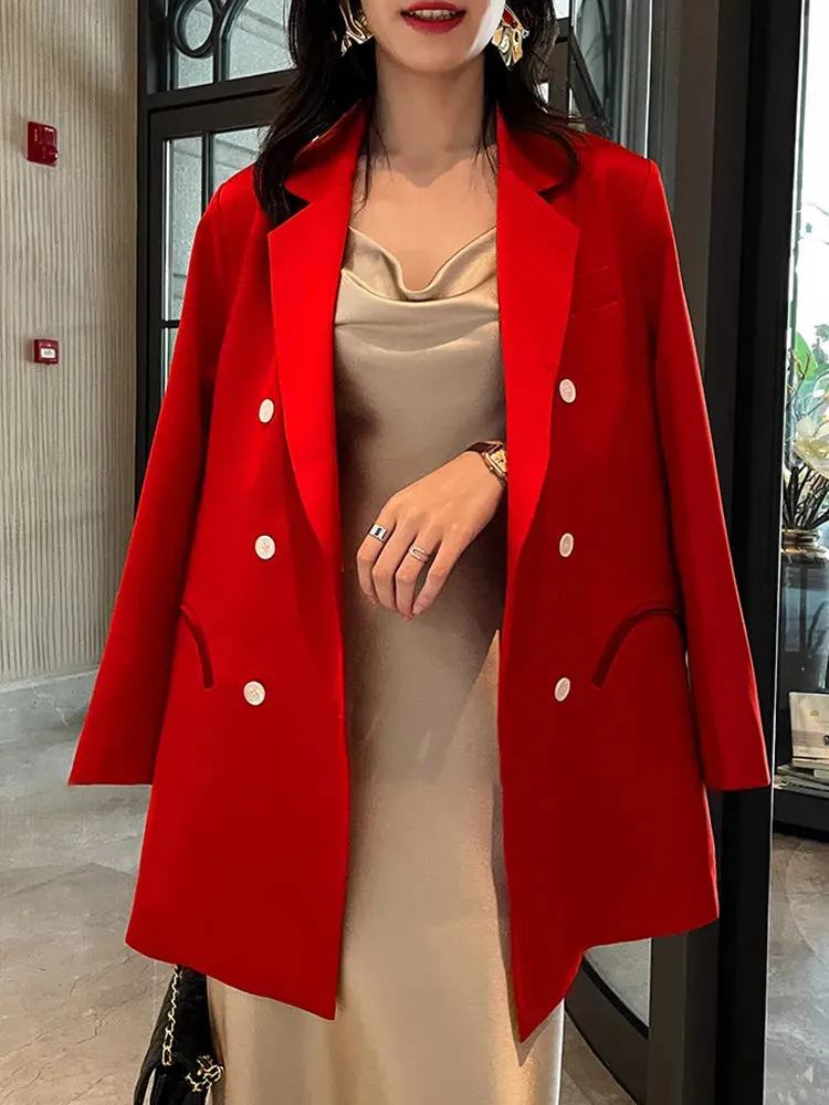 Solid Minimalist Blazers For Women Notched Collar Long Sleeve Patchwork Double Breasted Blazer Female Clothing