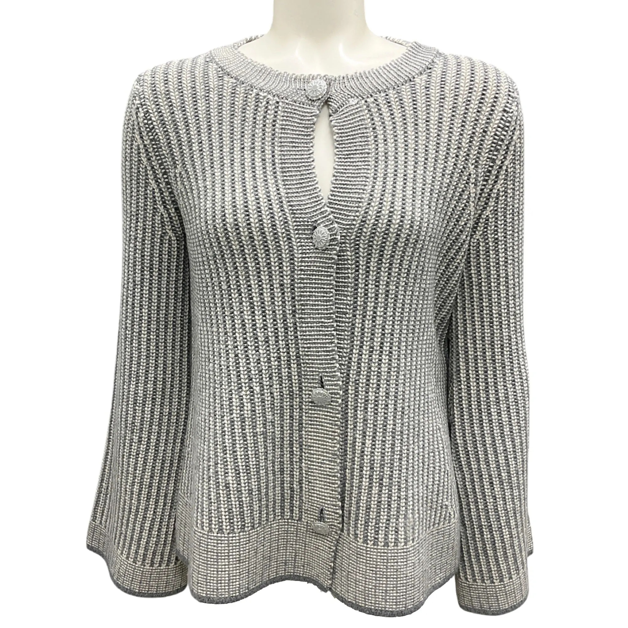 St. John Grey / Ivory Wool Knit Cardigan Sweater