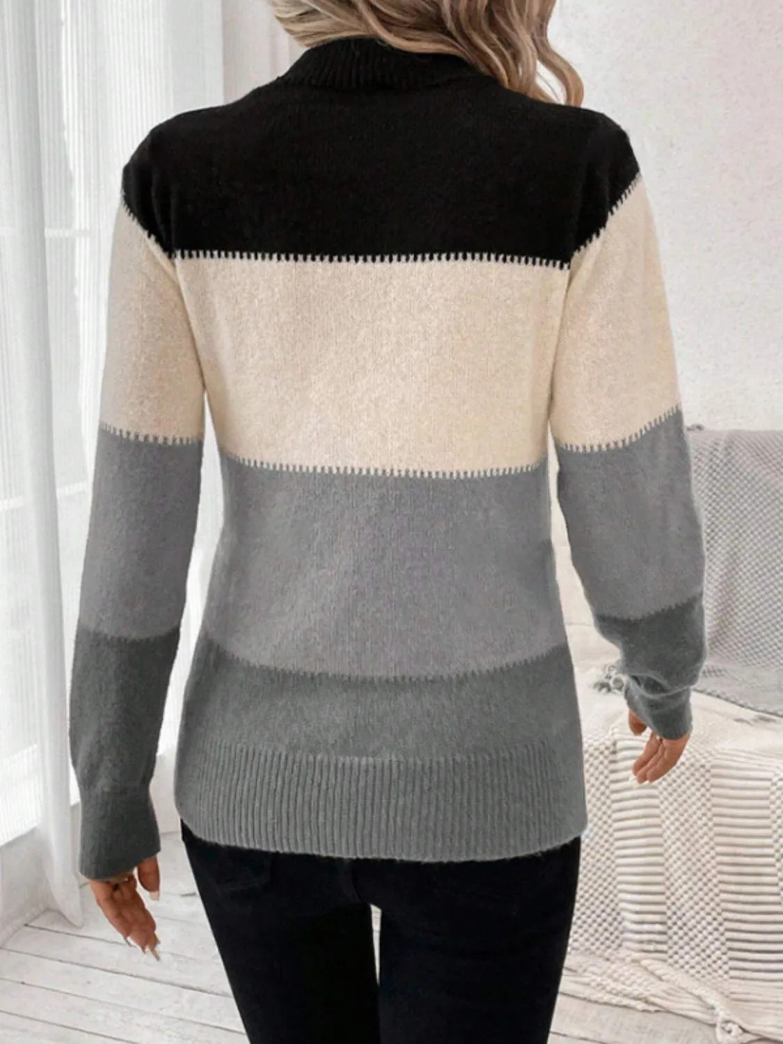 Striped Sweater Color Block Mock Neck Long Sleeve Soft Knitwear