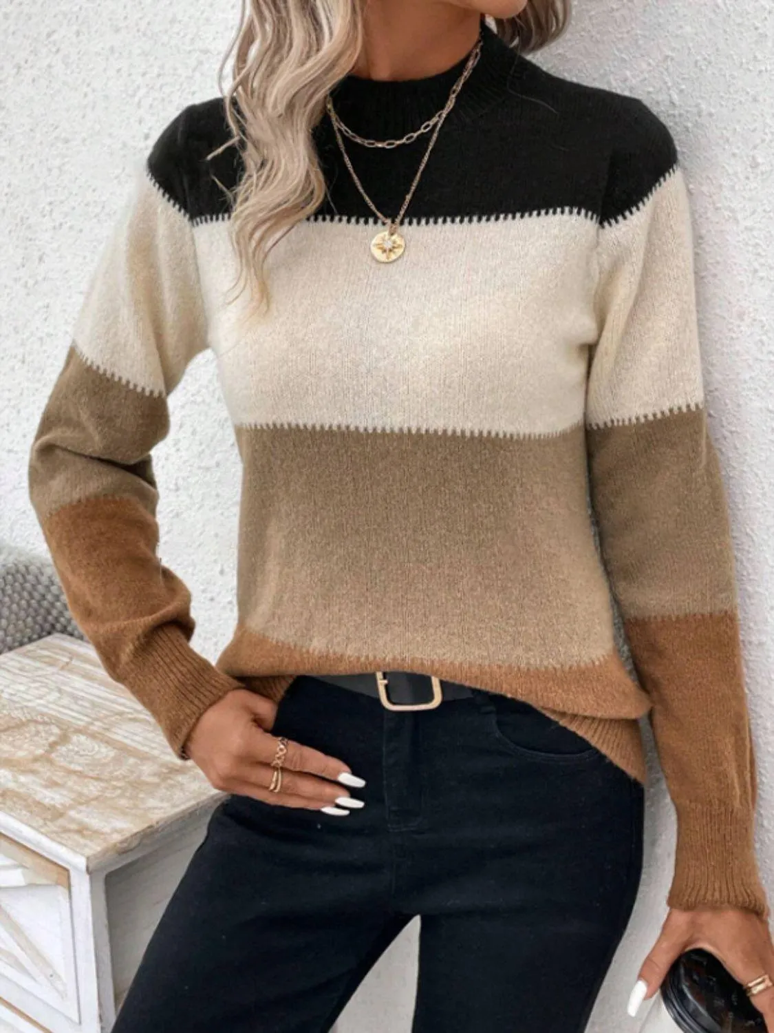 Striped Sweater Color Block Mock Neck Long Sleeve Soft Knitwear