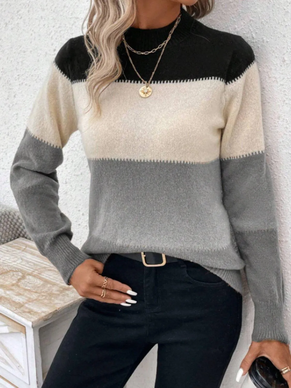 Striped Sweater Color Block Mock Neck Long Sleeve Soft Knitwear