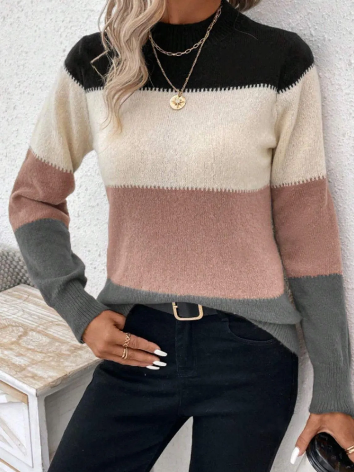 Striped Sweater Color Block Mock Neck Long Sleeve Soft Knitwear