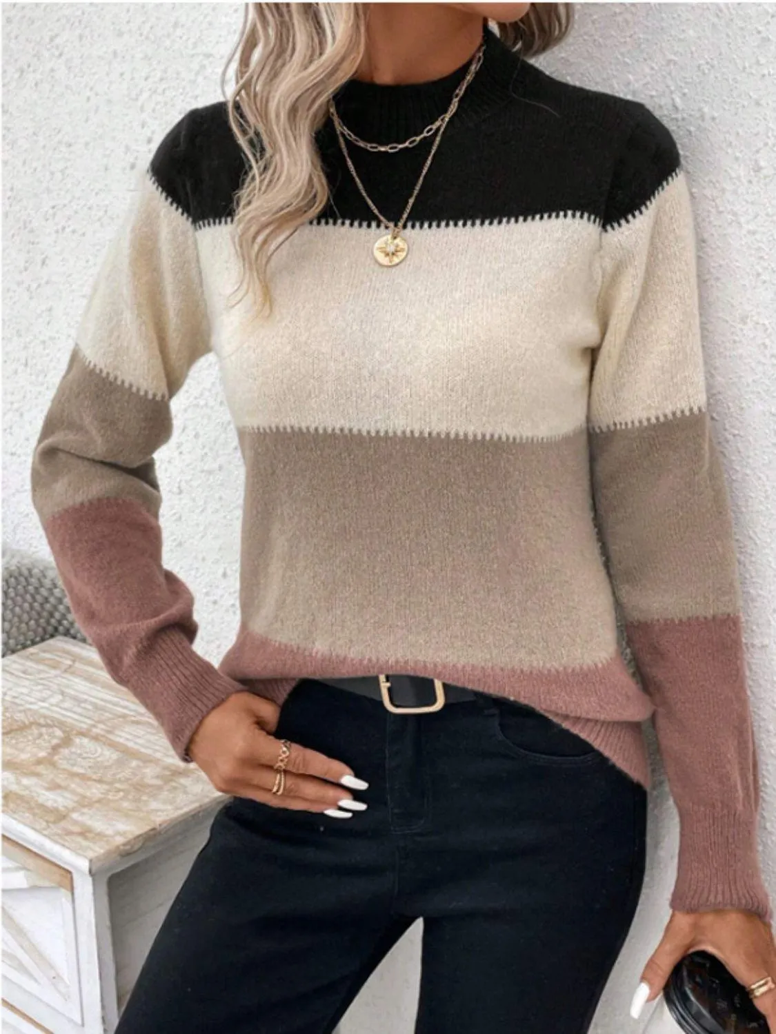 Striped Sweater Color Block Mock Neck Long Sleeve Soft Knitwear