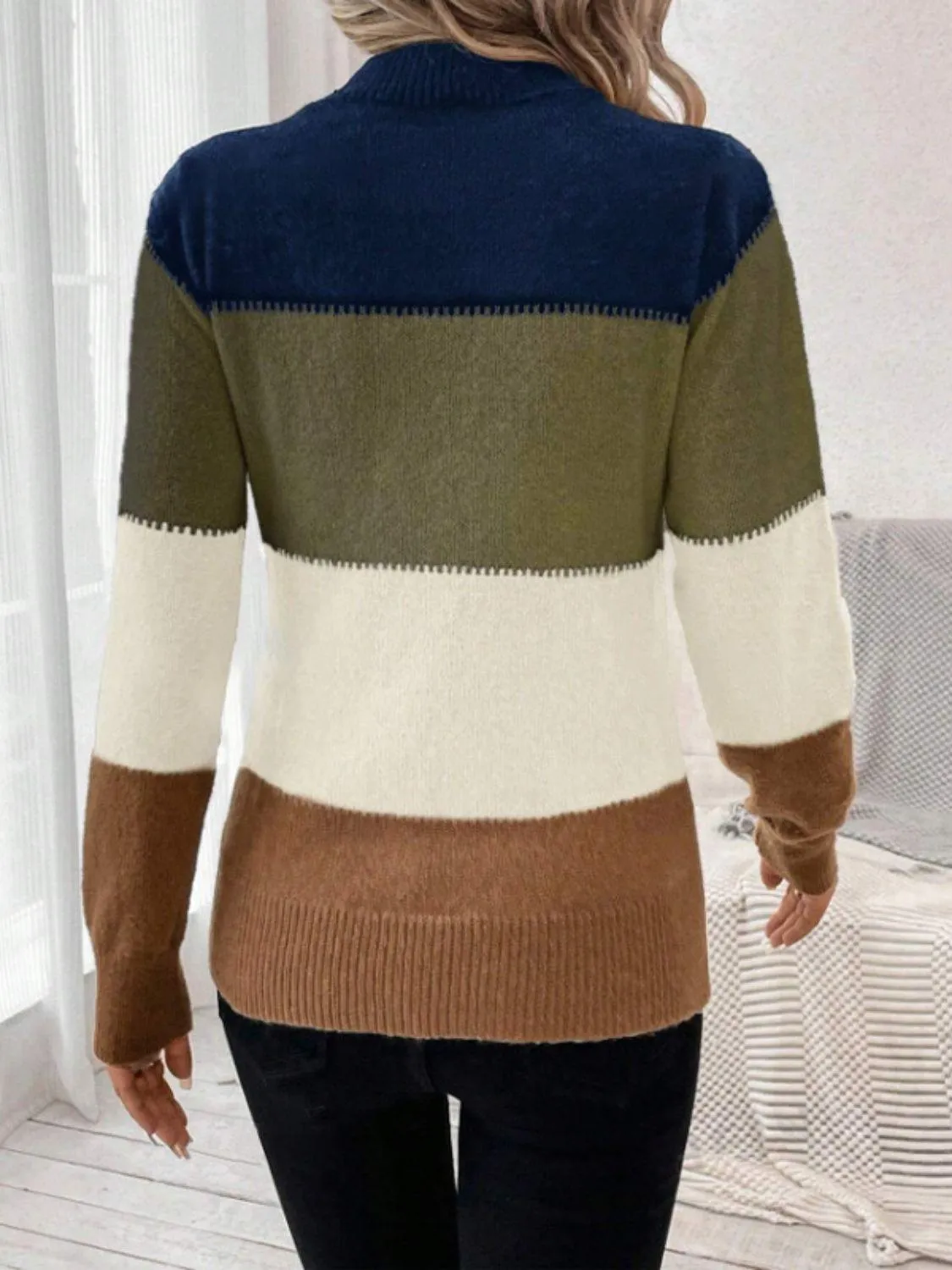 Striped Sweater Color Block Mock Neck Long Sleeve Soft Knitwear