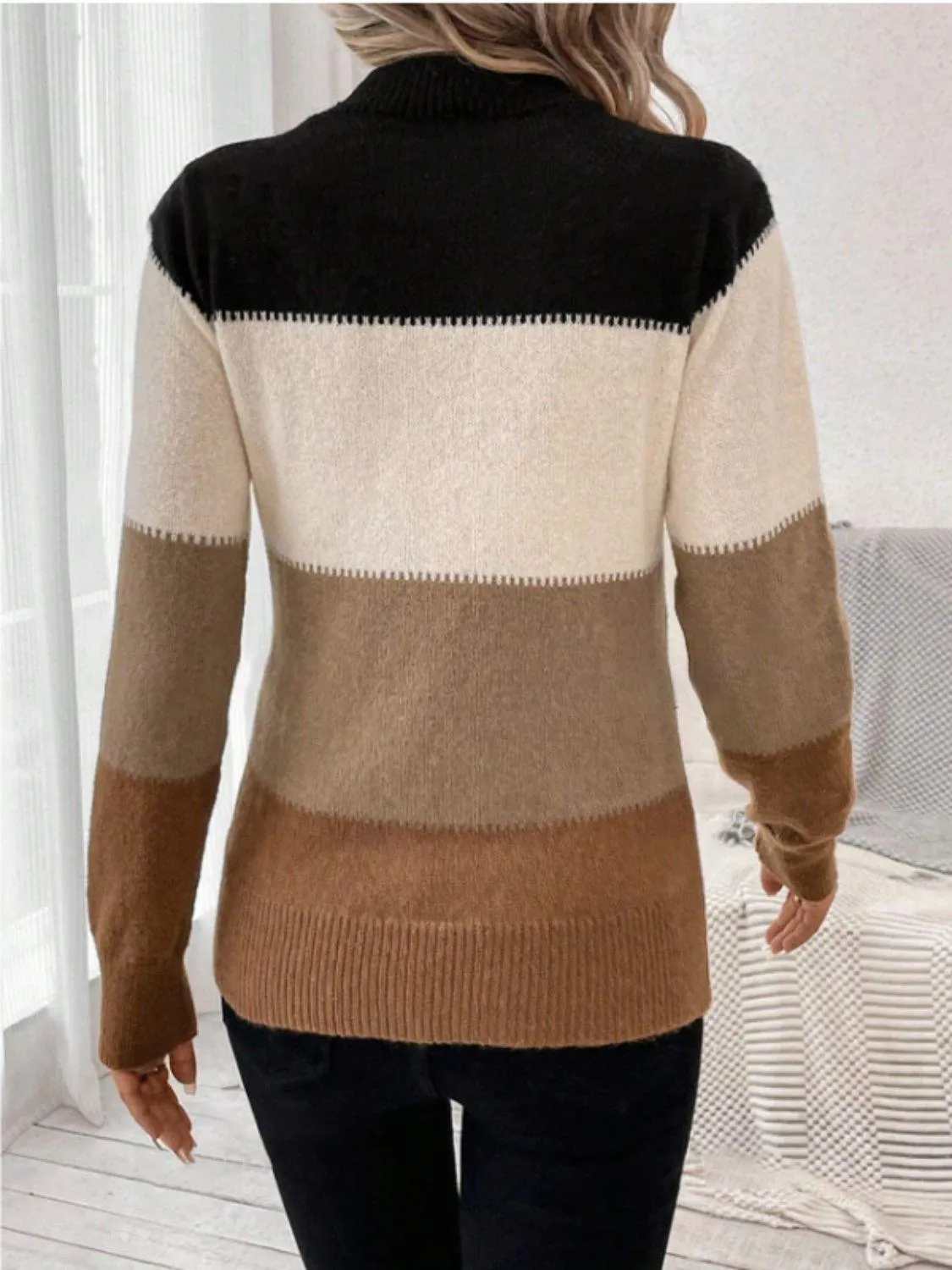 Striped Sweater Color Block Mock Neck Long Sleeve Soft Knitwear