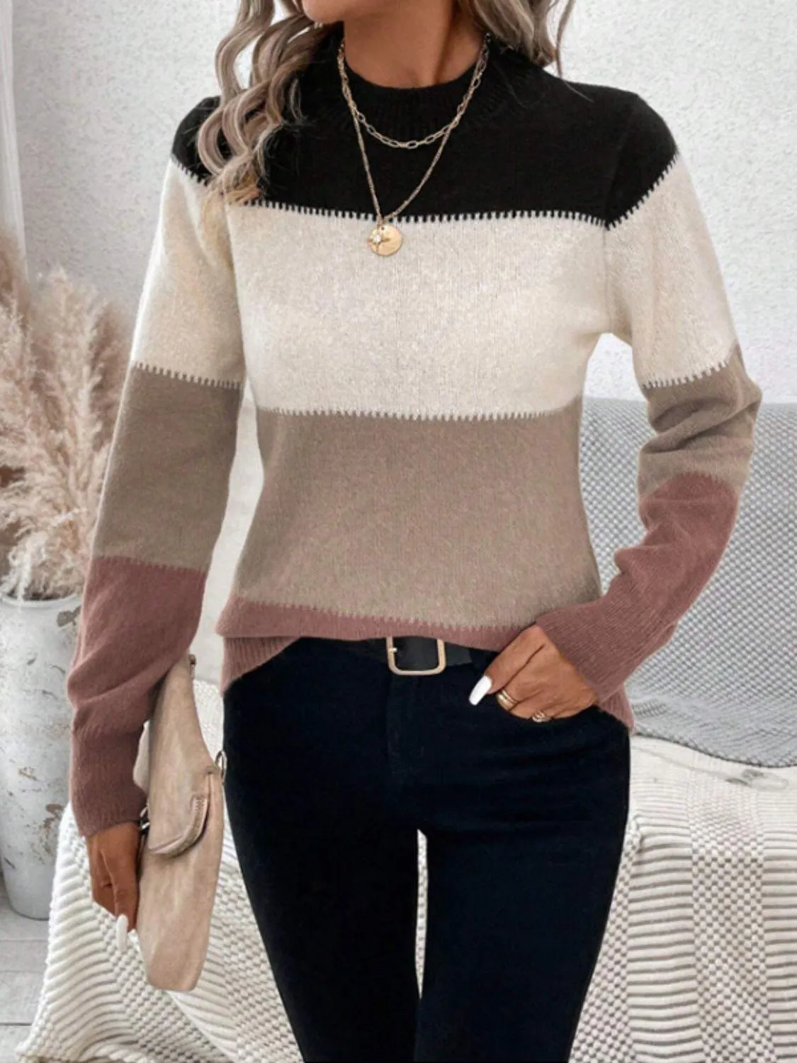 Striped Sweater Color Block Mock Neck Long Sleeve Soft Knitwear