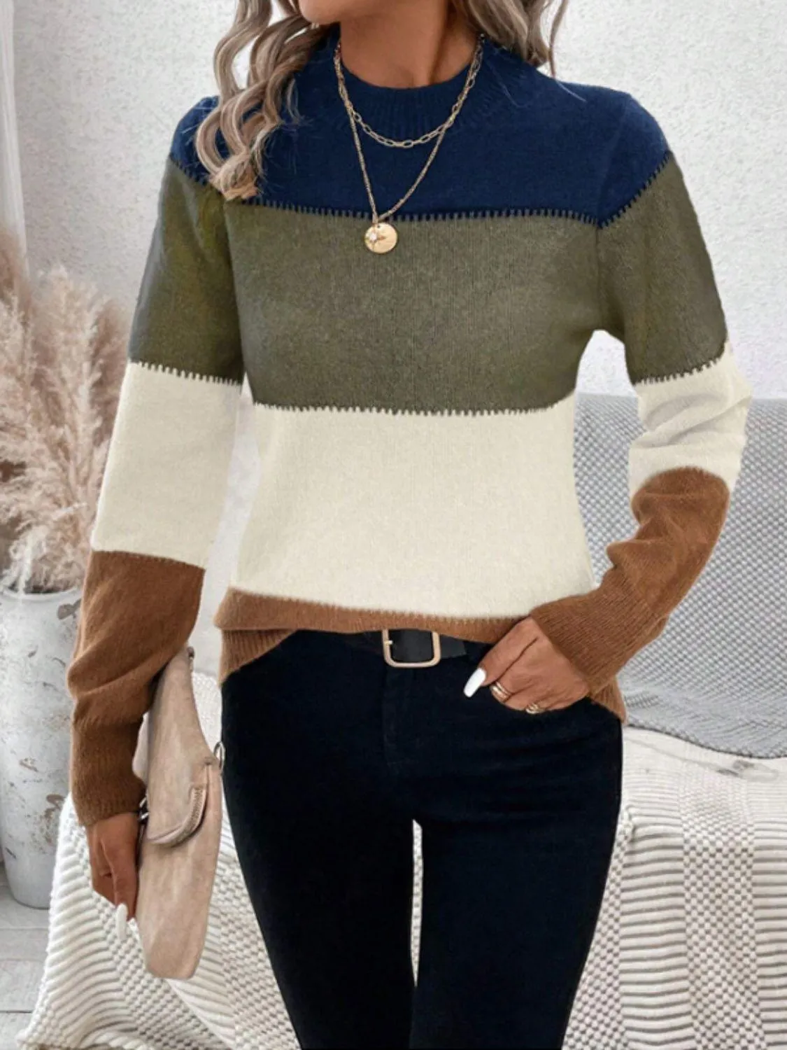 Striped Sweater Color Block Mock Neck Long Sleeve Soft Knitwear