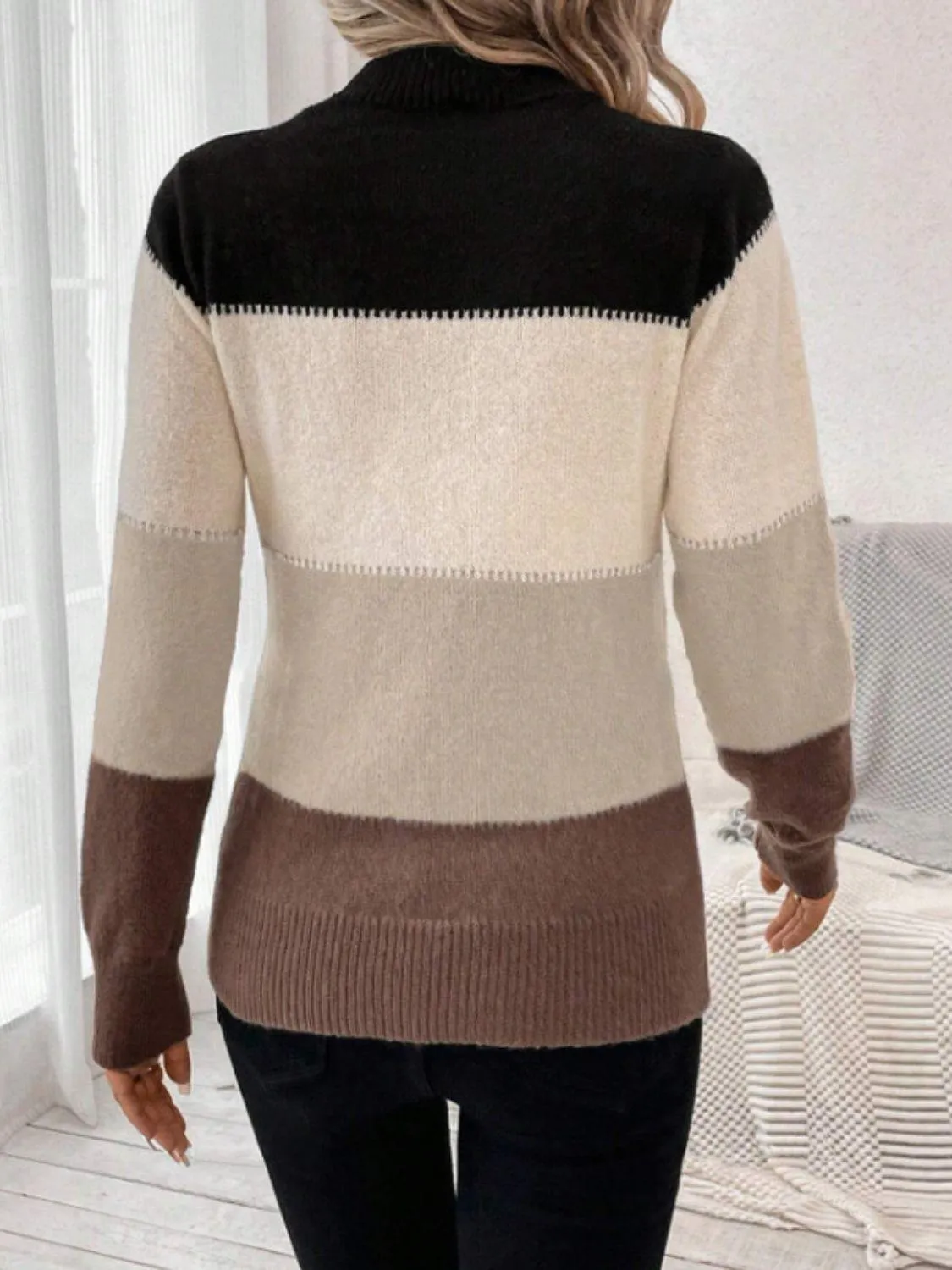 Striped Sweater Color Block Mock Neck Long Sleeve Soft Knitwear