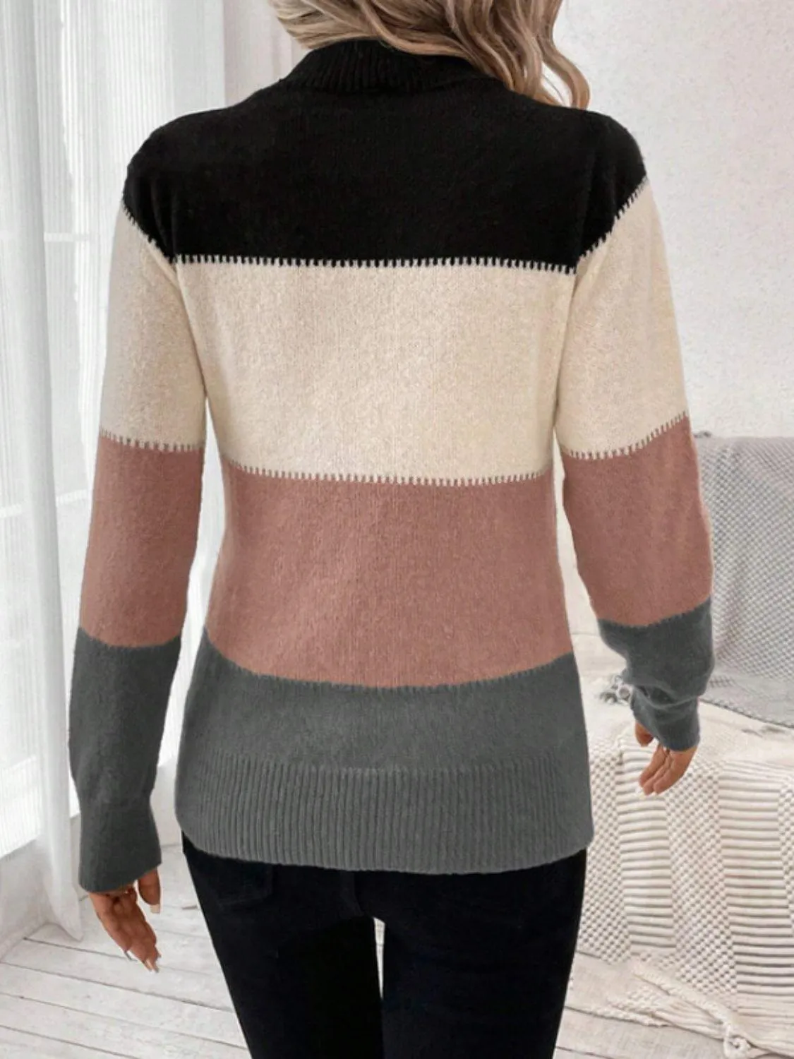 Striped Sweater Color Block Mock Neck Long Sleeve Soft Knitwear