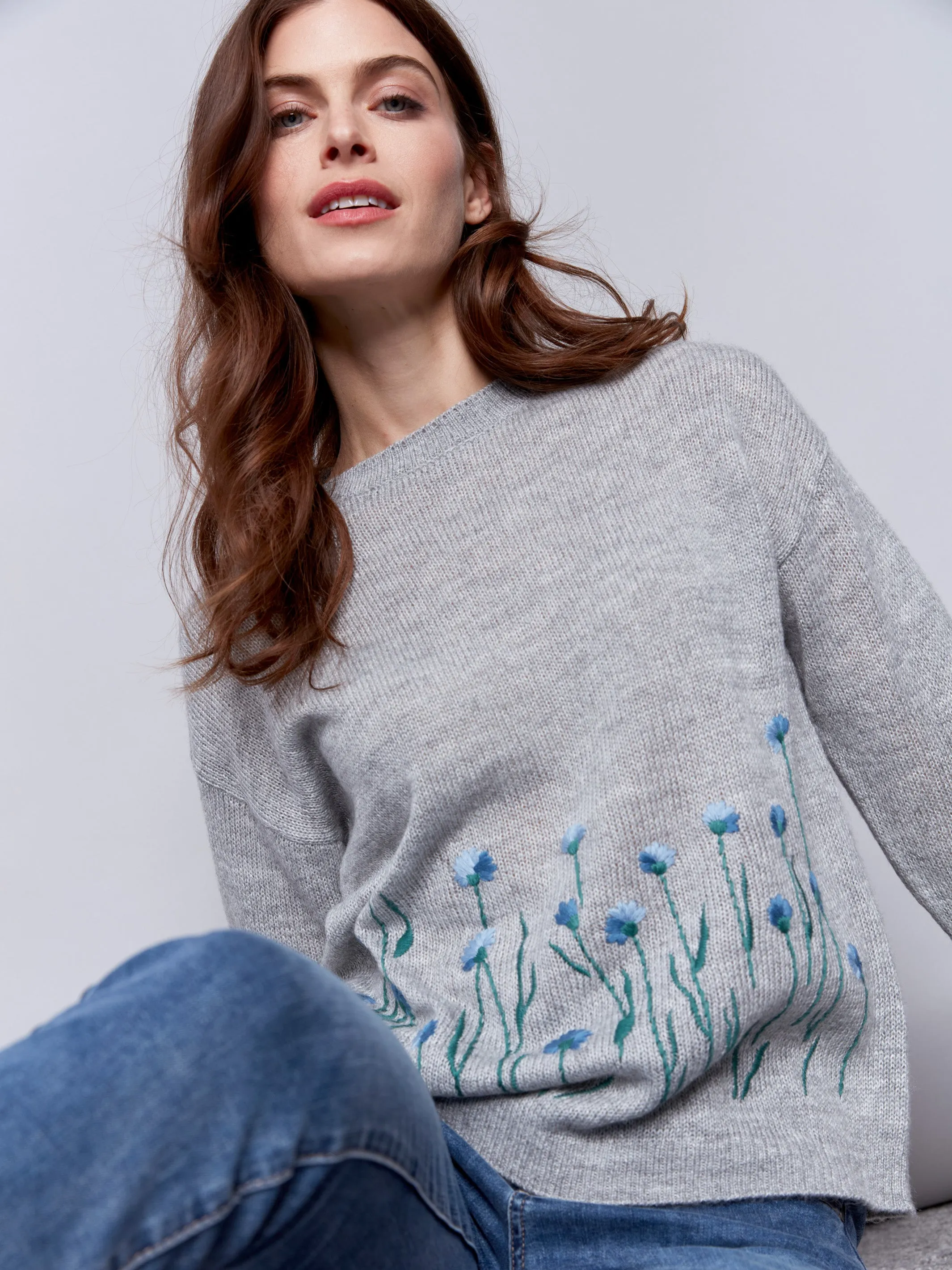 Sweater with Embroidered Flowers - Grey