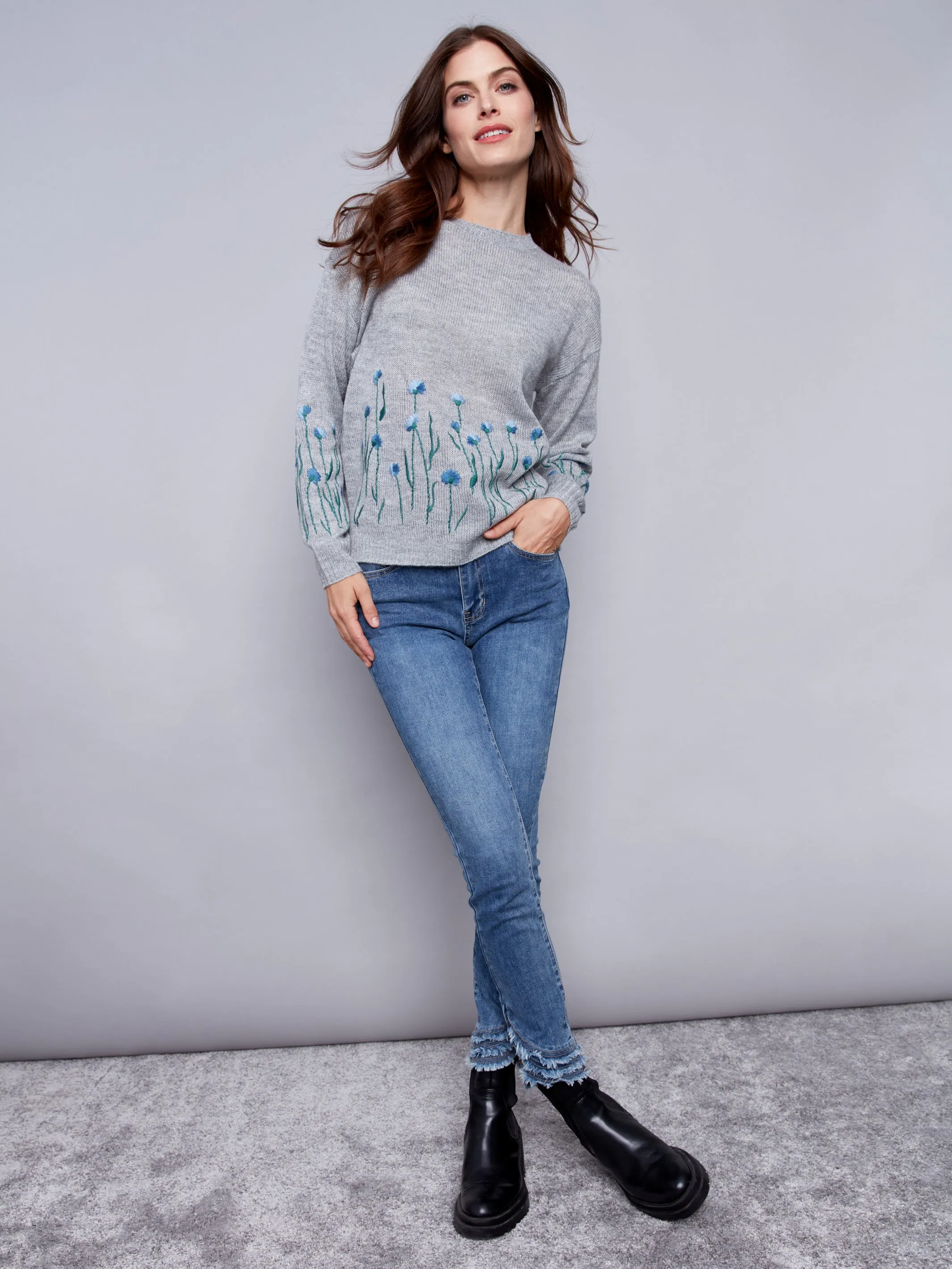 Sweater with Embroidered Flowers - Grey