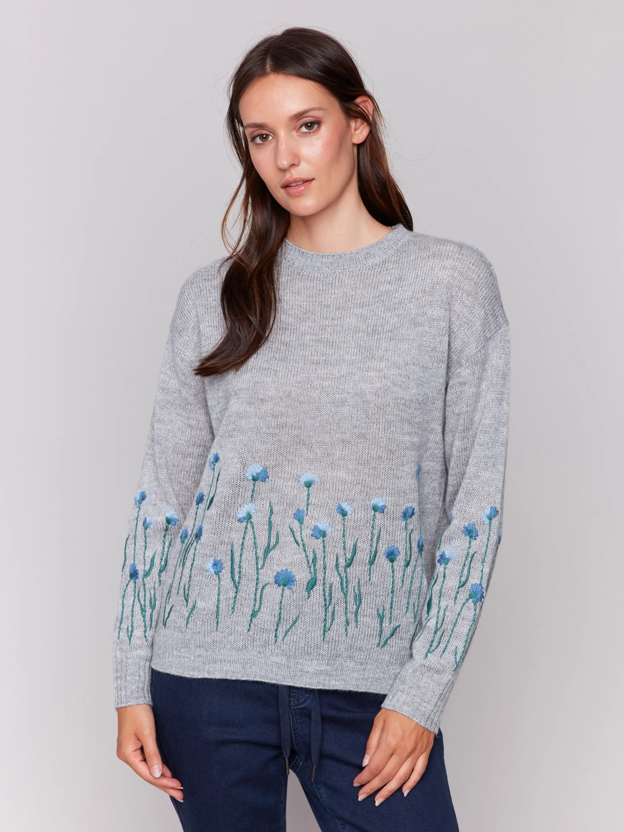 Sweater with Embroidered Flowers - Grey