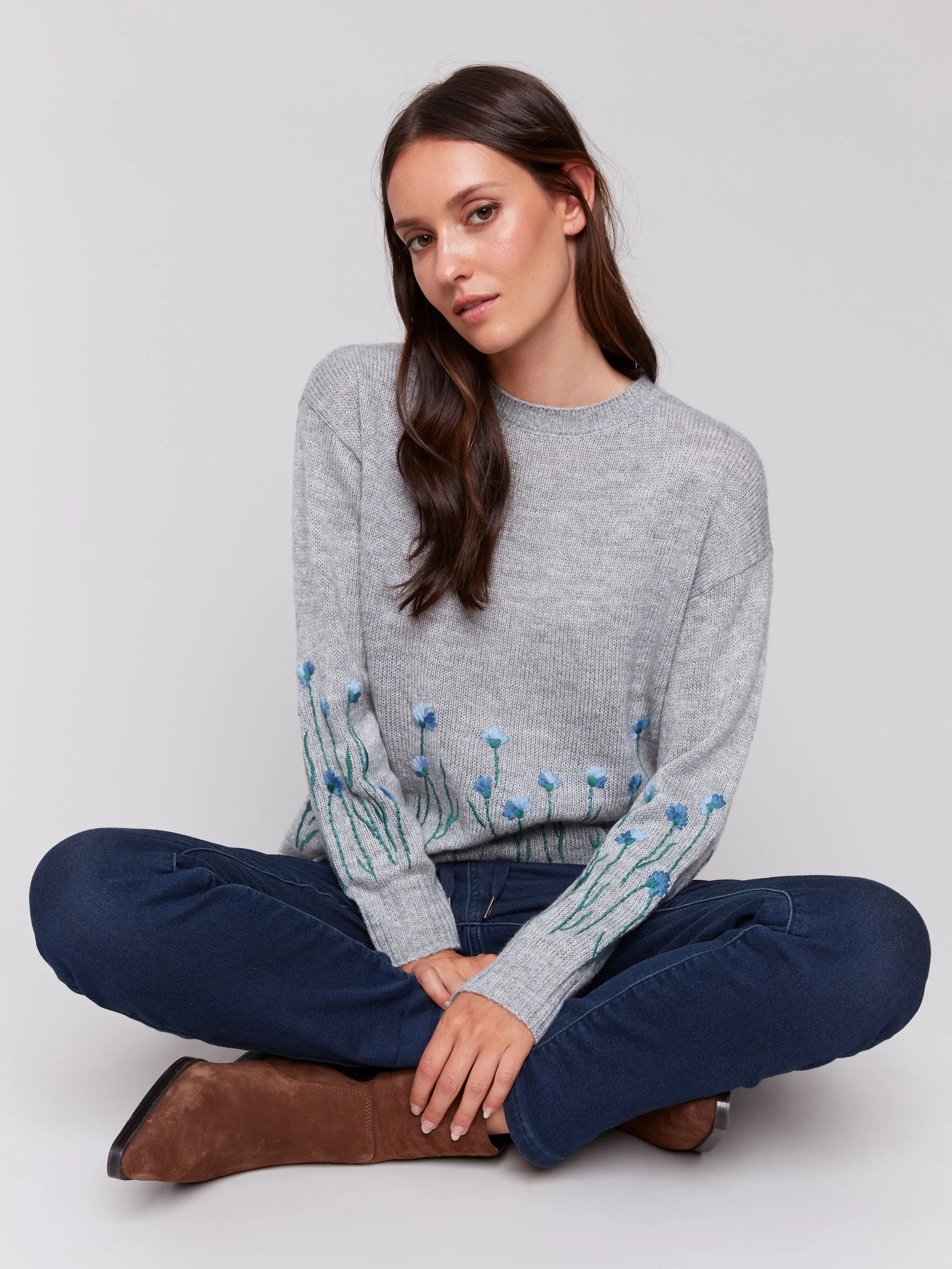 Sweater with Embroidered Flowers - Grey