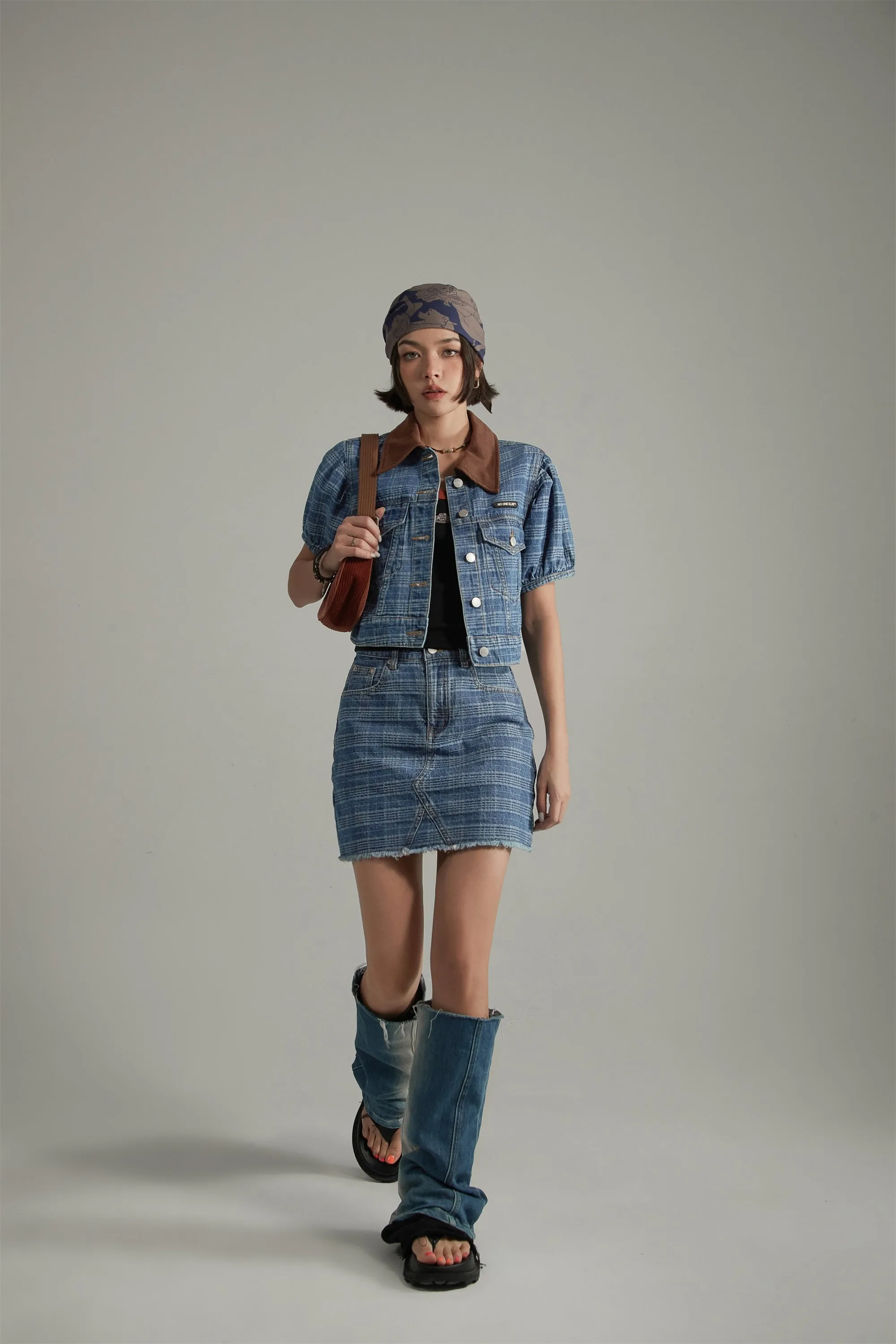 Vintage Check Puffy Short Sleeve Denim Jacket