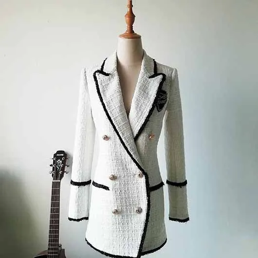 Women Chic Off White Tweed Blazer Double Breasted Blazer Gold Buttons