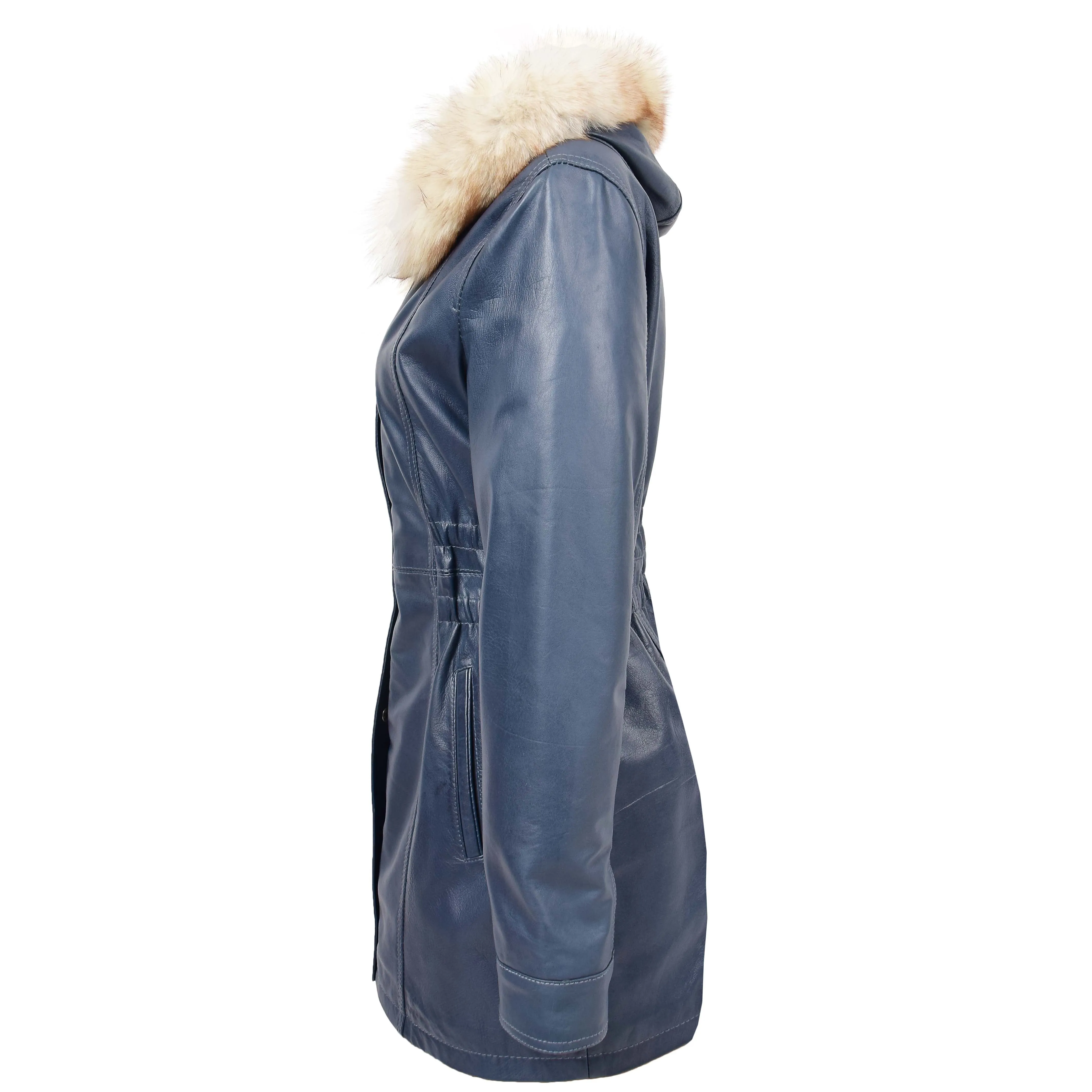 Womens Detachable Hoodie Leather Coat Kathy Blue