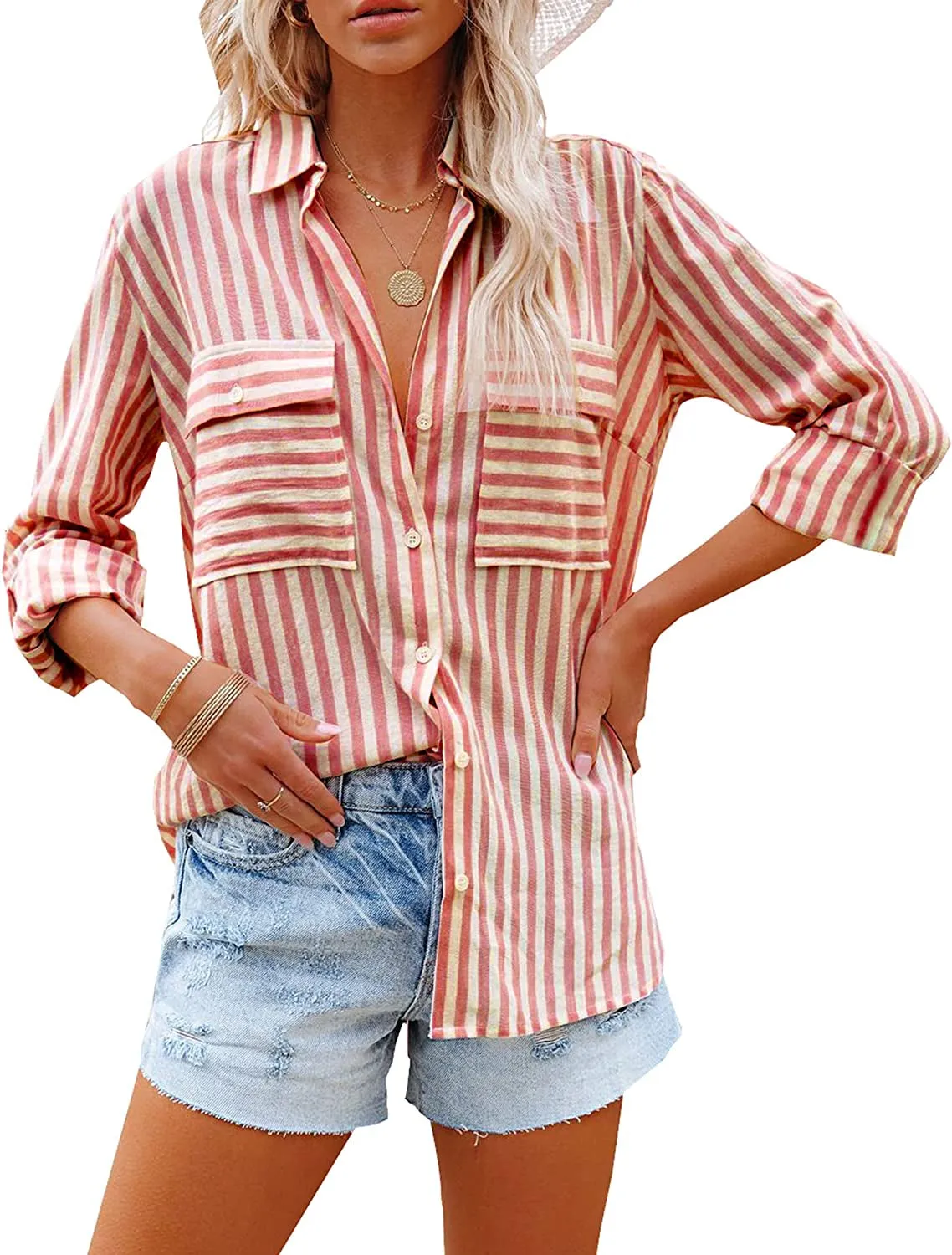 Women's Striped Button Down Shirts Casual Long Sleeve Stylish V Neck Blouses Tops with Pockets