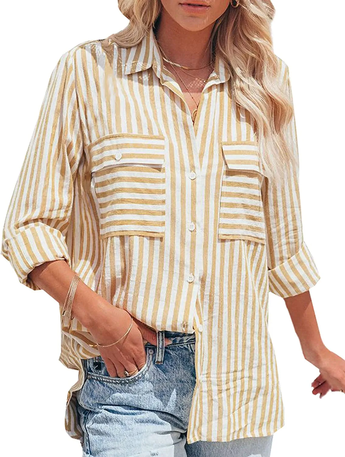 Women's Striped Button Down Shirts Casual Long Sleeve Stylish V Neck Blouses Tops with Pockets