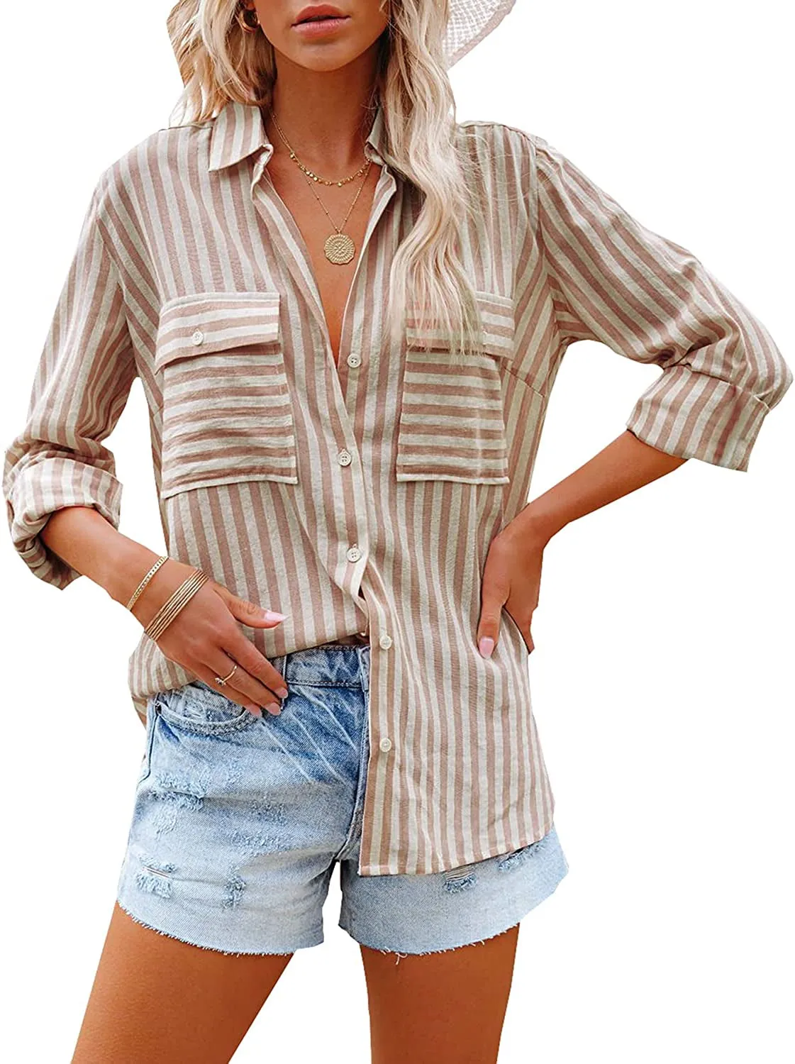 Women's Striped Button Down Shirts Casual Long Sleeve Stylish V Neck Blouses Tops with Pockets