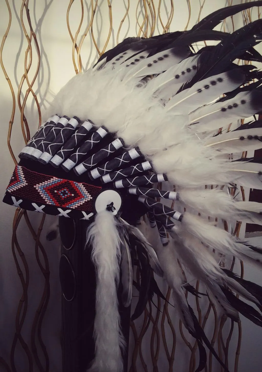 X12 Three colors black and white Indian Feather Headdress / warbonnet double feather (30 inch / 75 cm).