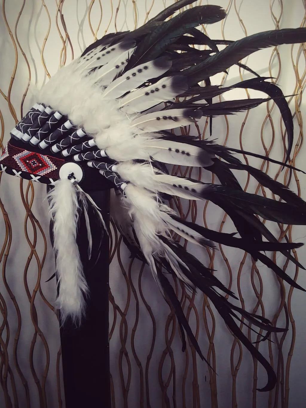 X12 Three colors black and white Indian Feather Headdress / warbonnet double feather (30 inch / 75 cm).